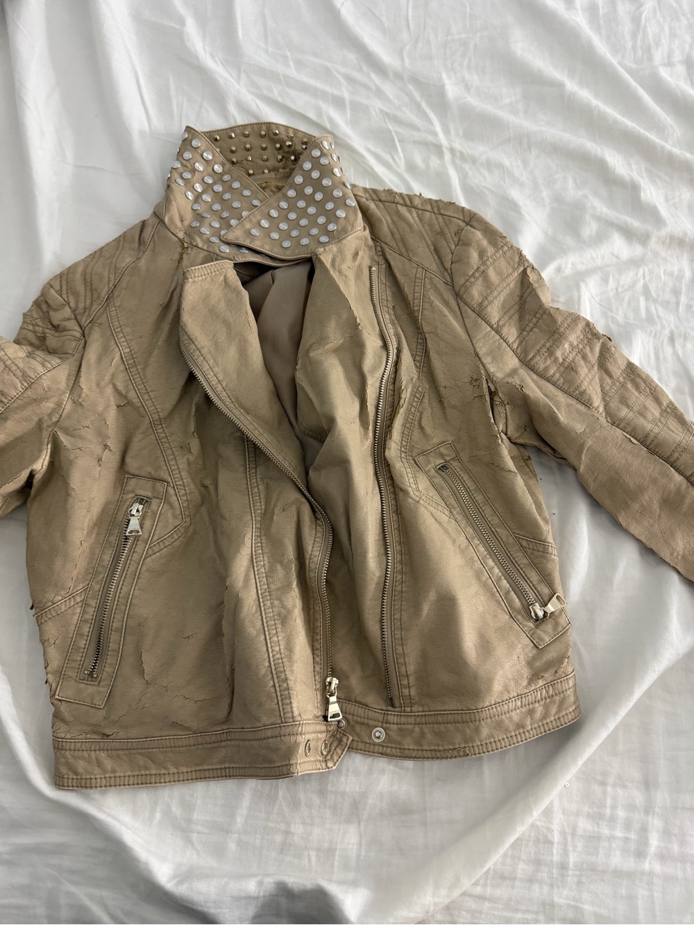 Beige Stud-Trim Moto Jacket - Women